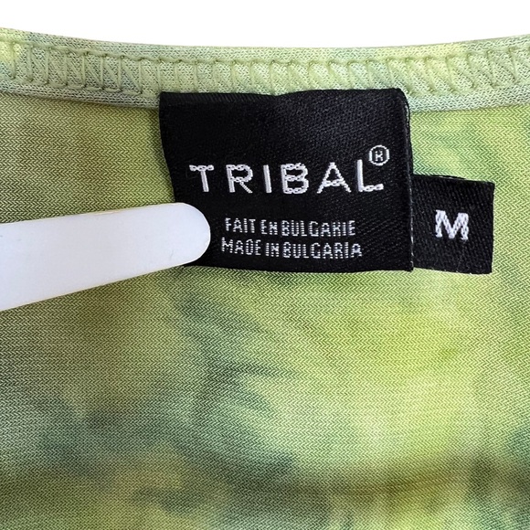 Vintage Tribal Green Tie Dye Flower & Squiggles Appliqué Y2K V Neck Top Size M - Picture 7 of 7